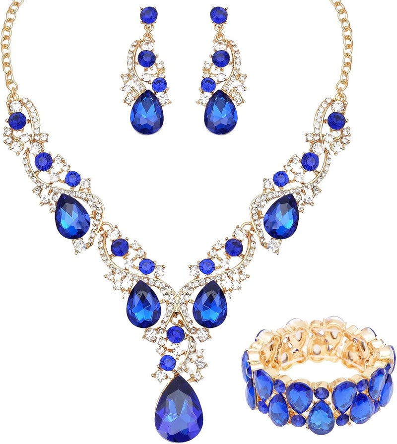 CSY Women's Elegant Bridal Necklace Earrings Stretch Bangle Bracelsts Set for Bride Bridesmaid Wedding Teardrop Crystal Costume Jewelry Sets - Image 1